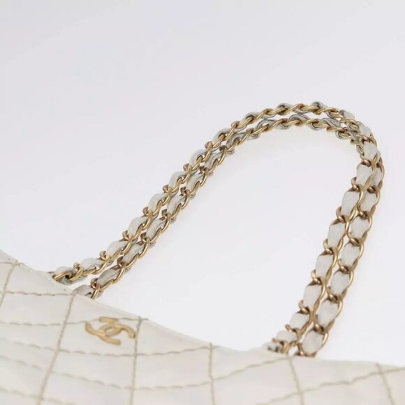 CHANEL Wild Stitch Chain Tote Bag Leather White Gold CC Auth bs17226 - Picture 9 of 16